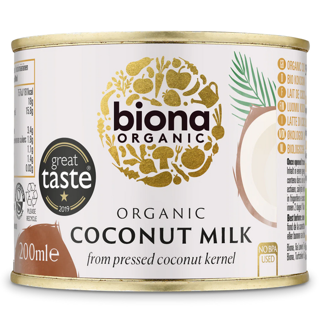 Biona Organic Coconut Milk, made from pressed coconut kernel, in a convenient 200ml can with a Great Taste 2019 award label.