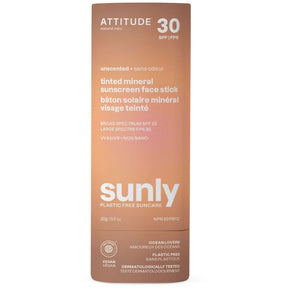 ATTITUDE Sunly SPF 30 unscented tinted mineral sunscreen face stick in plastic-free packaging, 20g.