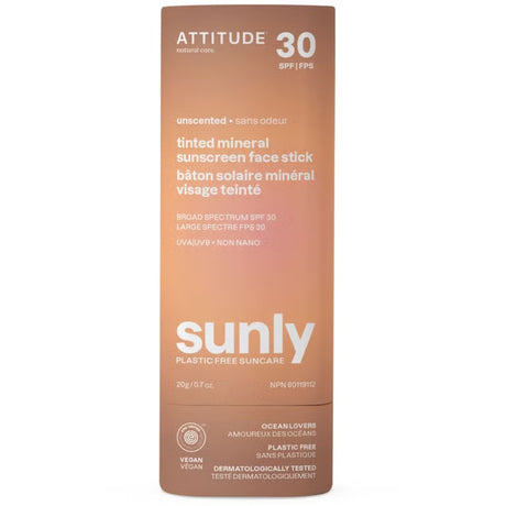 ATTITUDE Sunly SPF 30 unscented tinted mineral sunscreen face stick in plastic-free packaging, 20g.