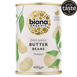 Biona Organic Butter Beans in water, a high-in-protein product in a 400g can, featuring a Great Taste 2021 award.
