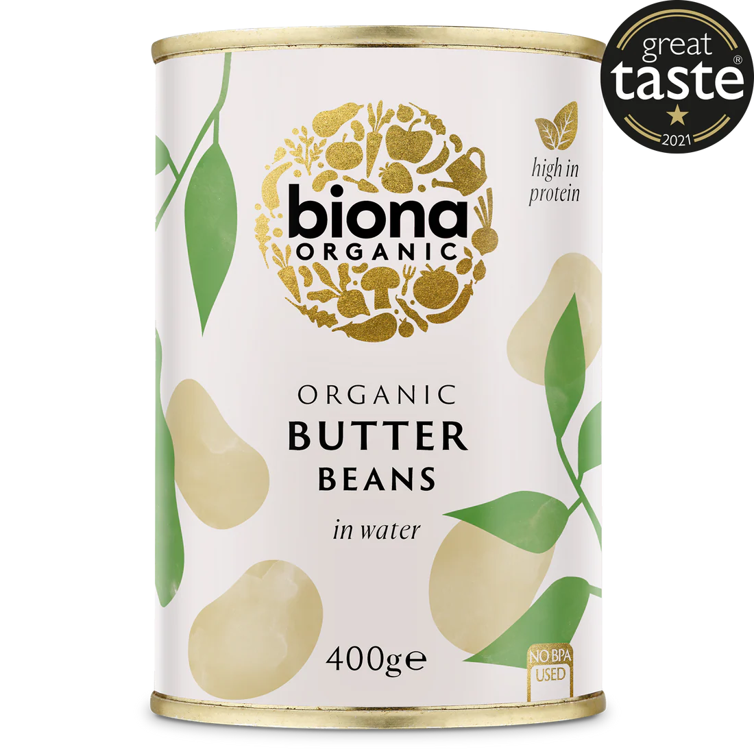 Biona Organic Butter Beans in water, a high-in-protein product in a 400g can, featuring a Great Taste 2021 award.