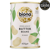 Biona Organic Butter Beans in water, a high-in-protein product in a 400g can, featuring a Great Taste 2021 award.