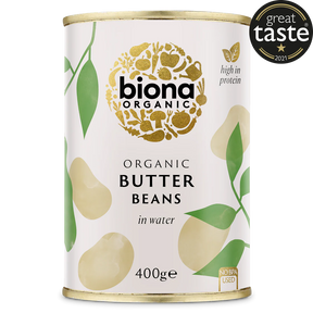 Biona Organic Butter Beans in water, a high-in-protein product in a 400g can, featuring a Great Taste 2021 award.
