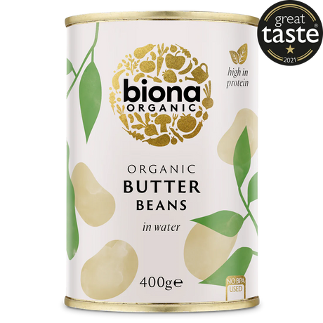 Biona Organic Butter Beans in water, a high-in-protein product in a 400g can, featuring a Great Taste 2021 award.