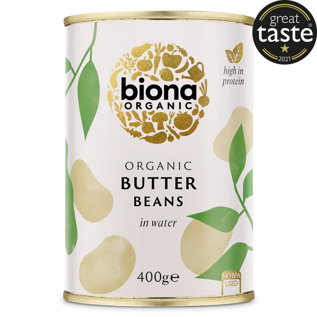 Biona Organic Butter Beans in water, a high-in-protein product in a 400g can, featuring a Great Taste 2021 award.