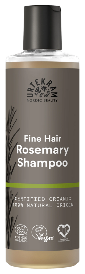 Urtekram Nordic Beauty Rosemary Shampoo for fine hair, 250ml bottle, certified organic, 100% natural origin, and vegan.