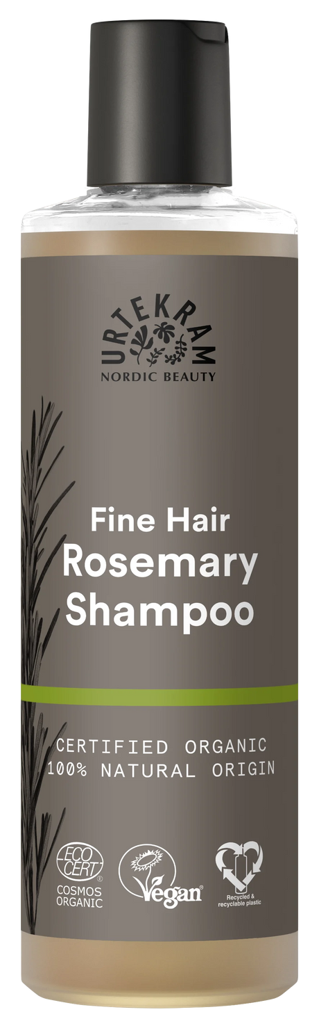 Urtekram Nordic Beauty Rosemary Shampoo for fine hair, 250ml bottle, certified organic, 100% natural origin, and vegan.