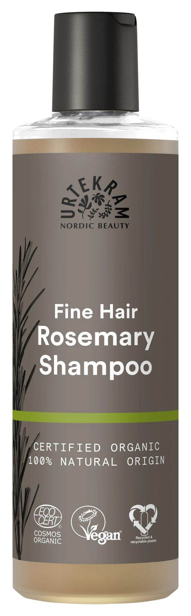 Urtekram Nordic Beauty Rosemary Shampoo for fine hair, 250ml bottle, certified organic, 100% natural origin, and vegan.