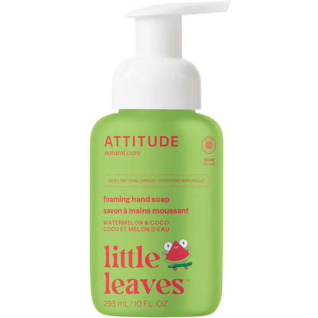 ATTITUDE Little Leaves foaming hand soap, Watermelon & Coco scent, 295 ml (10 fl. oz.) vegan formula.