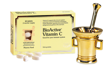 Pharma Nord BioActive Vitamin C buffered tablets for immune support, skin health, and energy metabolism.