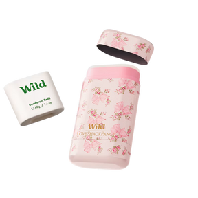 "Wild deodorant set, consisting of a refillable case and a 40g deodorant refill, featuring a romantic pink floral and bow design in collaboration with LoveShackFancy."