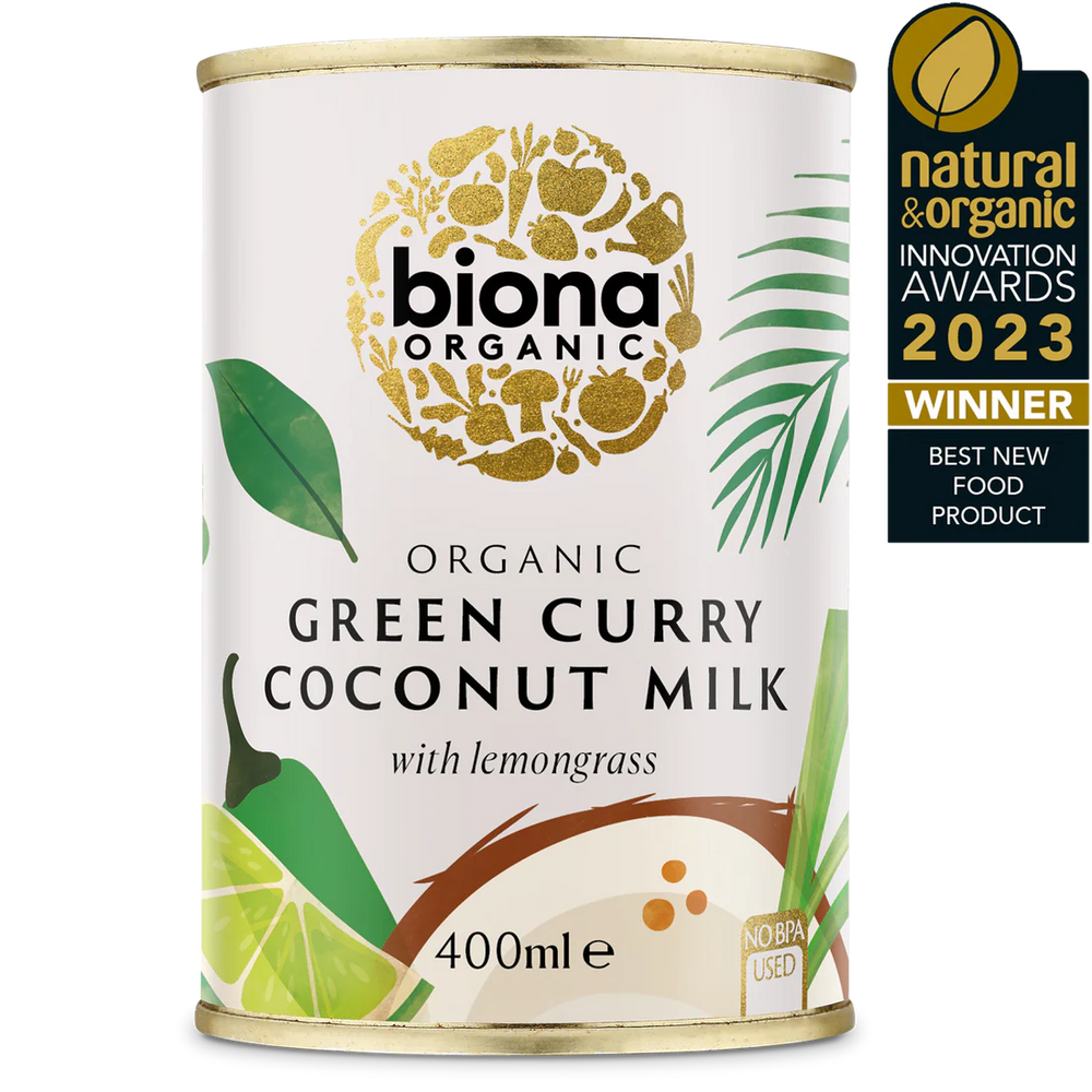Biona Organic Green Curry Coconut Milk with lemongrass, 400ml can, winner of the Natural & Organic Innovation Awards 2023 for Best New Food Product.