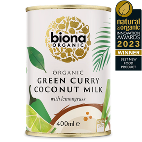 Biona Organic Green Curry Coconut Milk with lemongrass, 400ml can, winner of the Natural & Organic Innovation Awards 2023 for Best New Food Product.