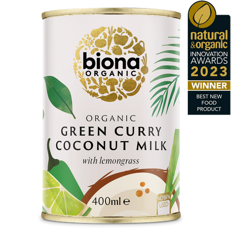 Biona Organic Green Curry Coconut Milk with lemongrass, 400ml can, winner of the Natural & Organic Innovation Awards 2023 for Best New Food Product.