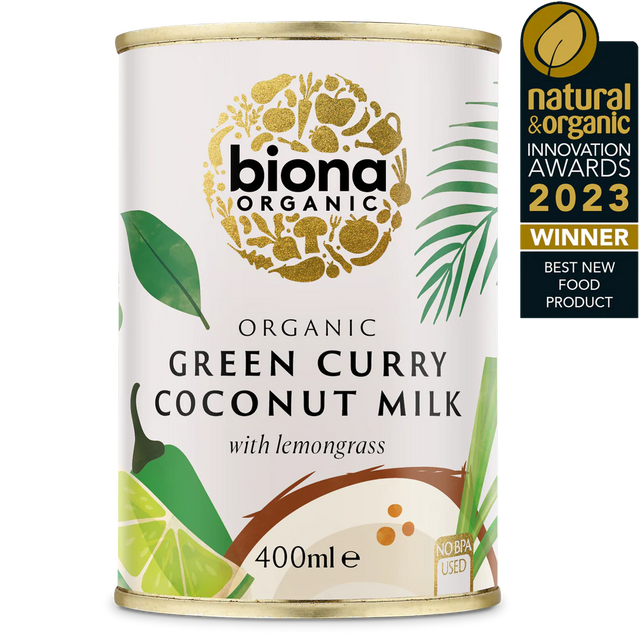 Biona Organic Green Curry Coconut Milk with lemongrass, 400ml can, winner of the Natural & Organic Innovation Awards 2023 for Best New Food Product.