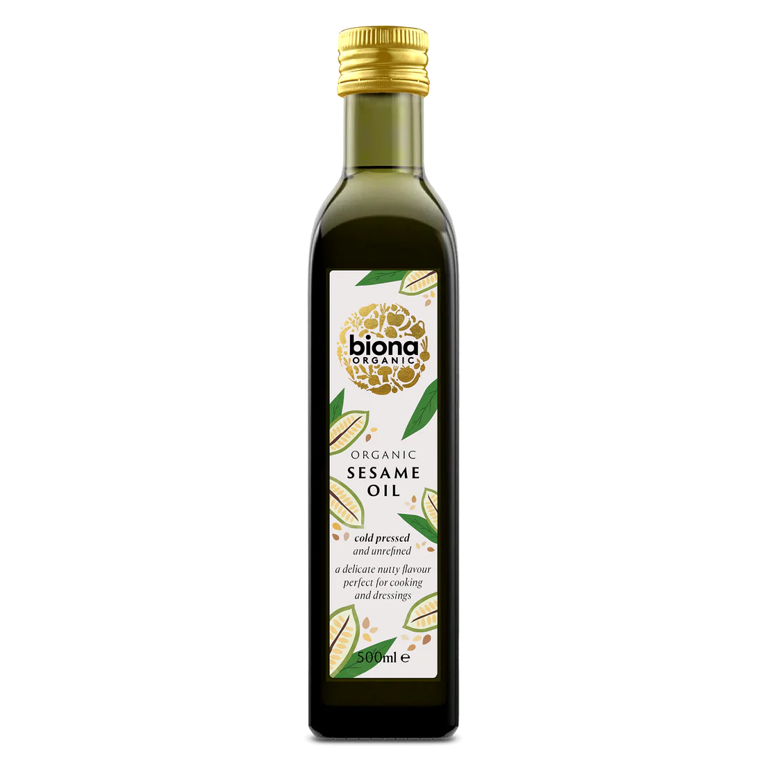 Biona Organic Sesame Oil, a cold-pressed, unrefined oil in a 500ml bottle with a delicate nutty flavour, perfect for cooking and dressings.