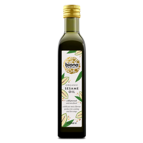 Biona Organic Sesame Oil, a cold-pressed, unrefined oil in a 500ml bottle with a delicate nutty flavour, perfect for cooking and dressings.