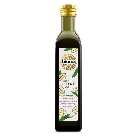 Biona Organic Sesame Oil, a cold-pressed, unrefined oil in a 500ml bottle with a delicate nutty flavour, perfect for cooking and dressings.