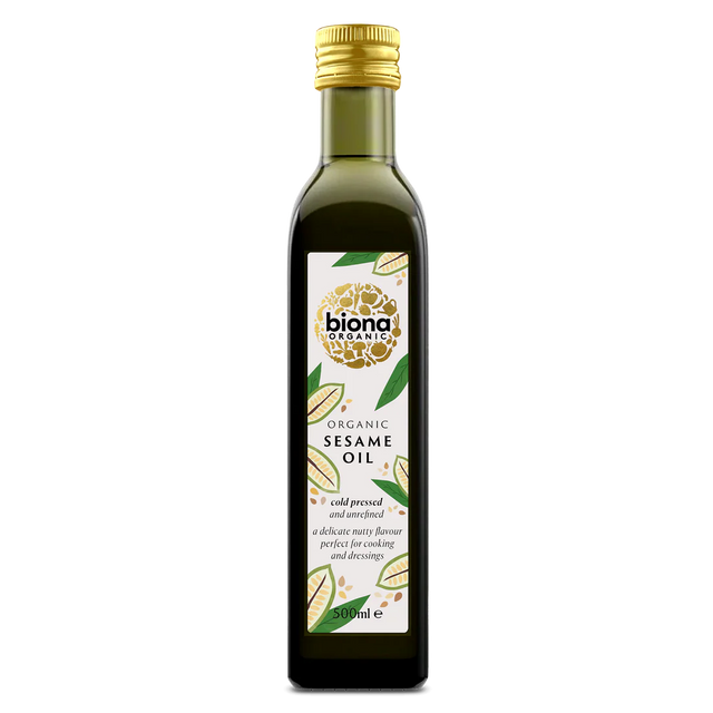 Biona Organic Sesame Oil, a cold-pressed, unrefined oil in a 500ml bottle with a delicate nutty flavour, perfect for cooking and dressings.