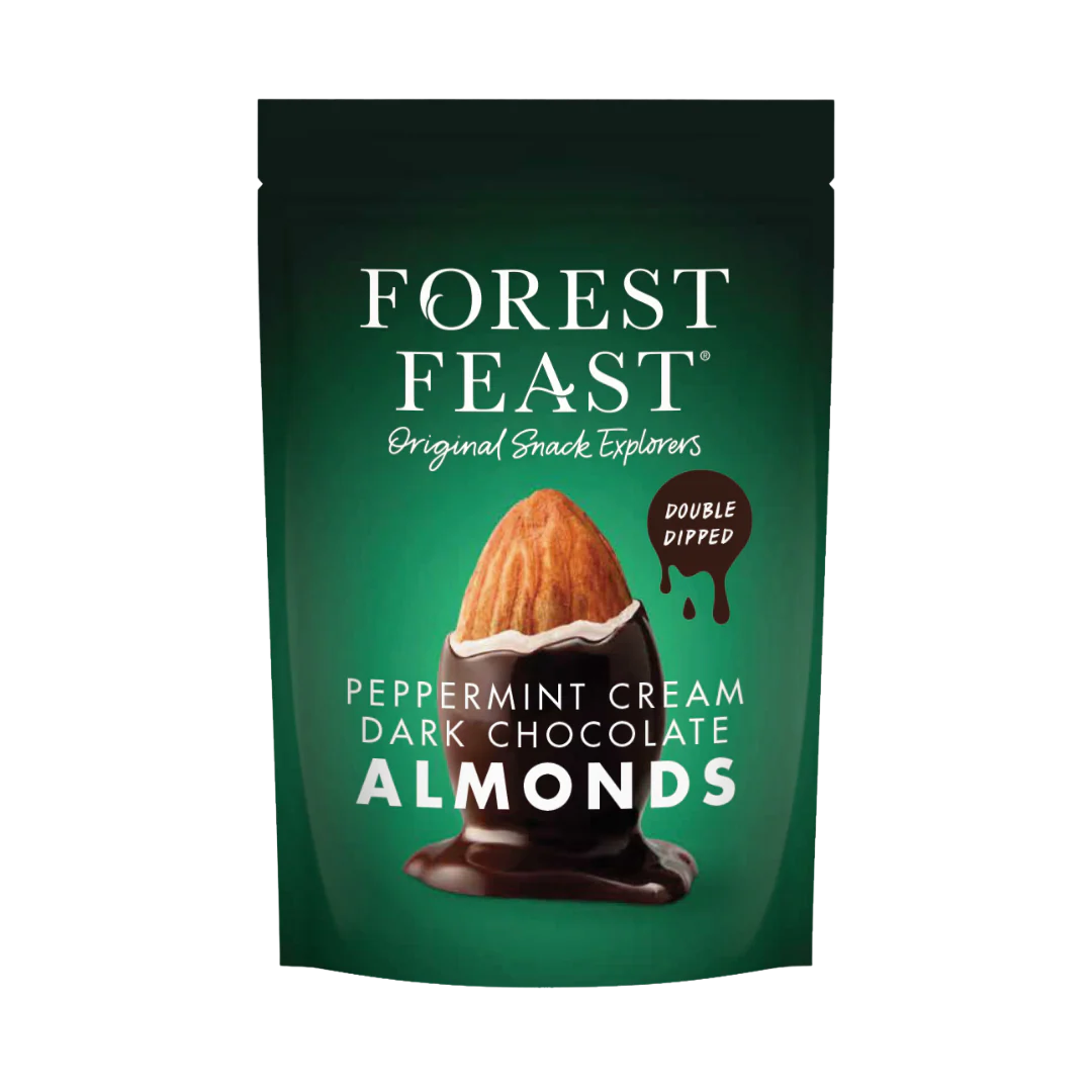 Forest Feast Peppermint Cream Dark Chocolate Almonds pouch.