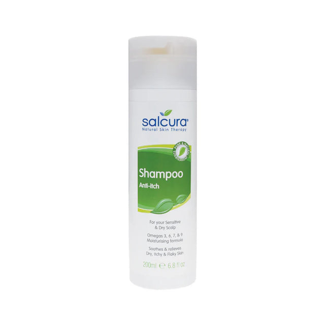 Salcura Shampoo Anti-itch, a 200ml moisturising formula for sensitive and dry scalps, designed to soothe and relieve dry, itchy, and flaky skin with Omegas 3, 6, 7, and 9.