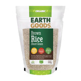 "Earth Goods organic short grain brown rice, 500g pack, non-GMO, gluten-free, and high in fiber."
