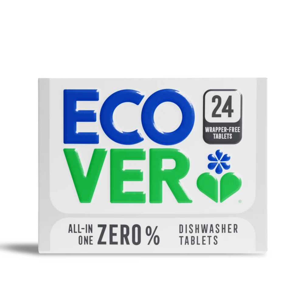 Box of "Ecover" dishwasher tablets against a black background. The label highlights "24 Wrapper-Free Tablets" with eco-friendly, zero waste messaging.