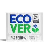 Box of "Ecover" dishwasher tablets against a black background. The label highlights "24 Wrapper-Free Tablets" with eco-friendly, zero waste messaging.