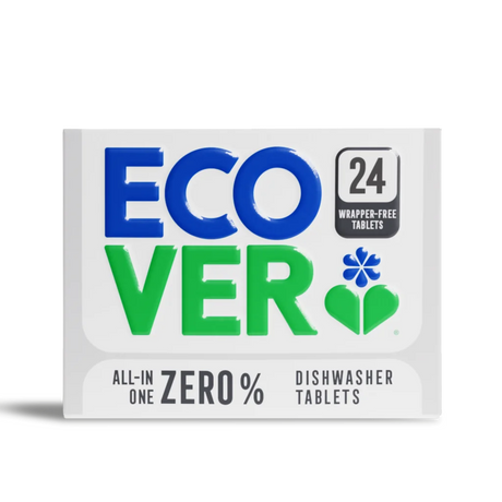 Box of "Ecover" dishwasher tablets against a black background. The label highlights "24 Wrapper-Free Tablets" with eco-friendly, zero waste messaging.