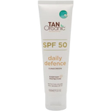 TanOrganic Daily Defence Sunscreen: White 100g tube of TanOrganic SPF 50 daily defence sunscreen, featuring branding indicating everyday protection and suitable for sensitive skin.