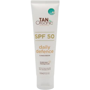 TanOrganic Daily Defence Sunscreen: White 100g tube of TanOrganic SPF 50 daily defence sunscreen, featuring branding indicating everyday protection and suitable for sensitive skin.