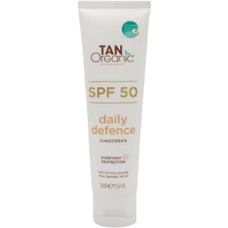 TanOrganic Daily Defence Sunscreen: White 100g tube of TanOrganic SPF 50 daily defence sunscreen, featuring branding indicating everyday protection and suitable for sensitive skin.