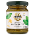 Biona Organic Green Pesto with pine kernels, a vegan product in a 120g glass jar.