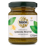 Biona Organic Green Pesto with pine kernels, a vegan product in a 120g glass jar.