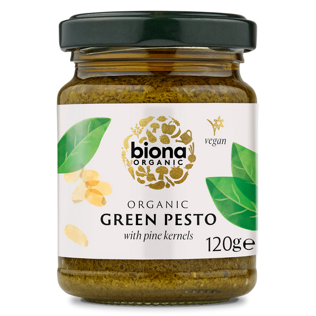 Biona Organic Green Pesto with pine kernels, a vegan product in a 120g glass jar.