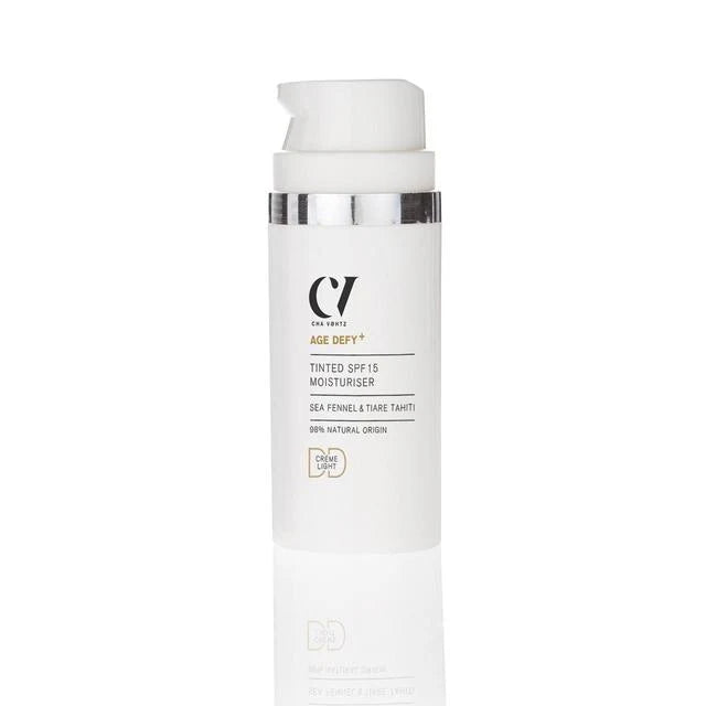Age Defy+ Tinted SPF 15 Moisturiser by Cha Vøhtz, featuring Sea Fennel and Tiare Tahiti, 99% natural origin, in Crème Light shade.