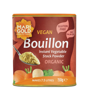 Marigold Organic Vegan Bouillon instant vegetable stock powder 150g container.