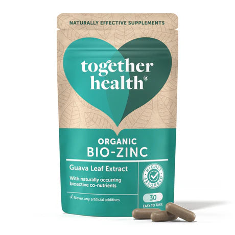 Together Health Organic Bio-Zinc: A resealable pouch of Together Health Organic Bio-Zinc, a food supplement derived from Guava Leaf Extract. The packaging highlights that it features naturally occurring bioactive co-nutrients, contains no artificial additives, and includes 30 easy-to-take capsules.