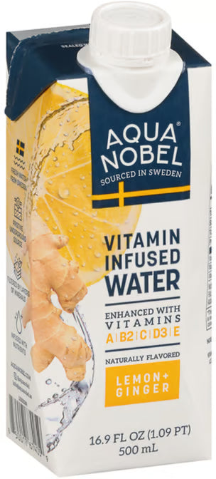 A 500ml carton of Aqua Nobel Lemon + Ginger flavored vitamin-infused water, sourced in Sweden and enhanced with vitamins A, B2, C, D3, and E.