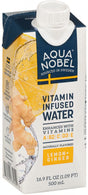 A 500ml carton of Aqua Nobel Lemon + Ginger flavored vitamin-infused water, sourced in Sweden and enhanced with vitamins A, B2, C, D3, and E.