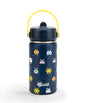 A navy blue insulated water bottle with a yellow carrying handle and a retro pixel-art space theme. The bottle features colorful pixel aliens and has the 'Checki' brand logo printed near the bottom.