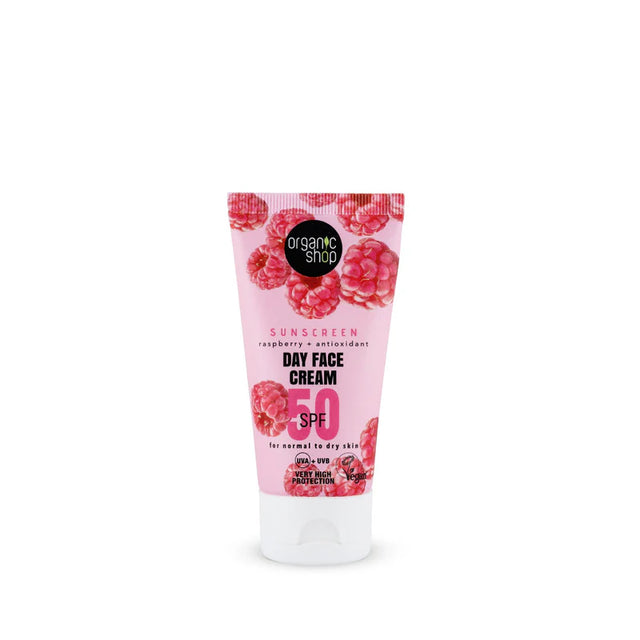 Organic Shop SPF 50 raspberry and antioxidant day face cream for normal to dry skin, providing very high UVA/UVB protection in a vegan formula.