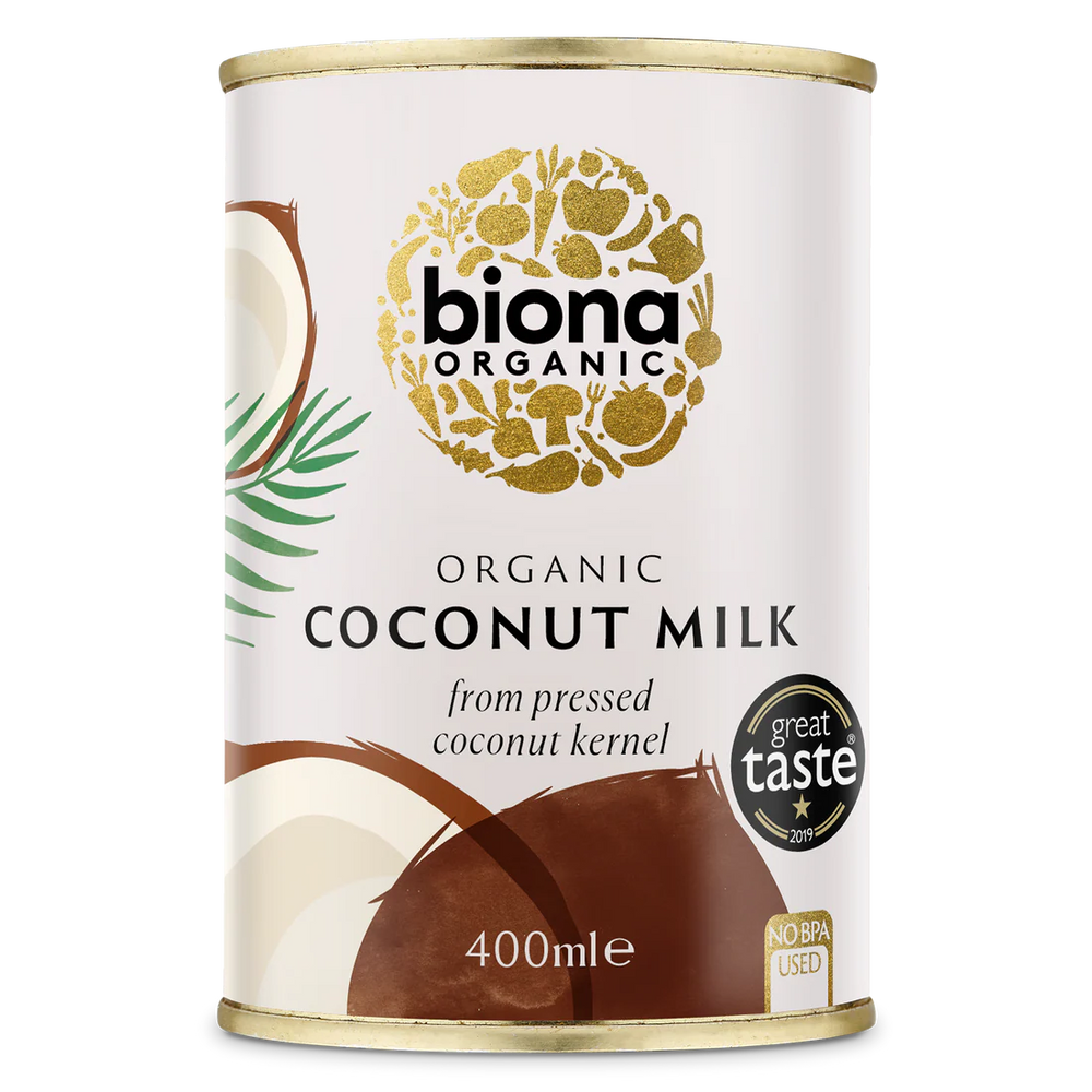 Biona Organic Coconut Milk, made from pressed coconut kernel, in a 400ml can with a Great Taste 2019 award label.