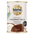 Biona Organic Coconut Milk, made from pressed coconut kernel, in a 400ml can with a Great Taste 2019 award label.