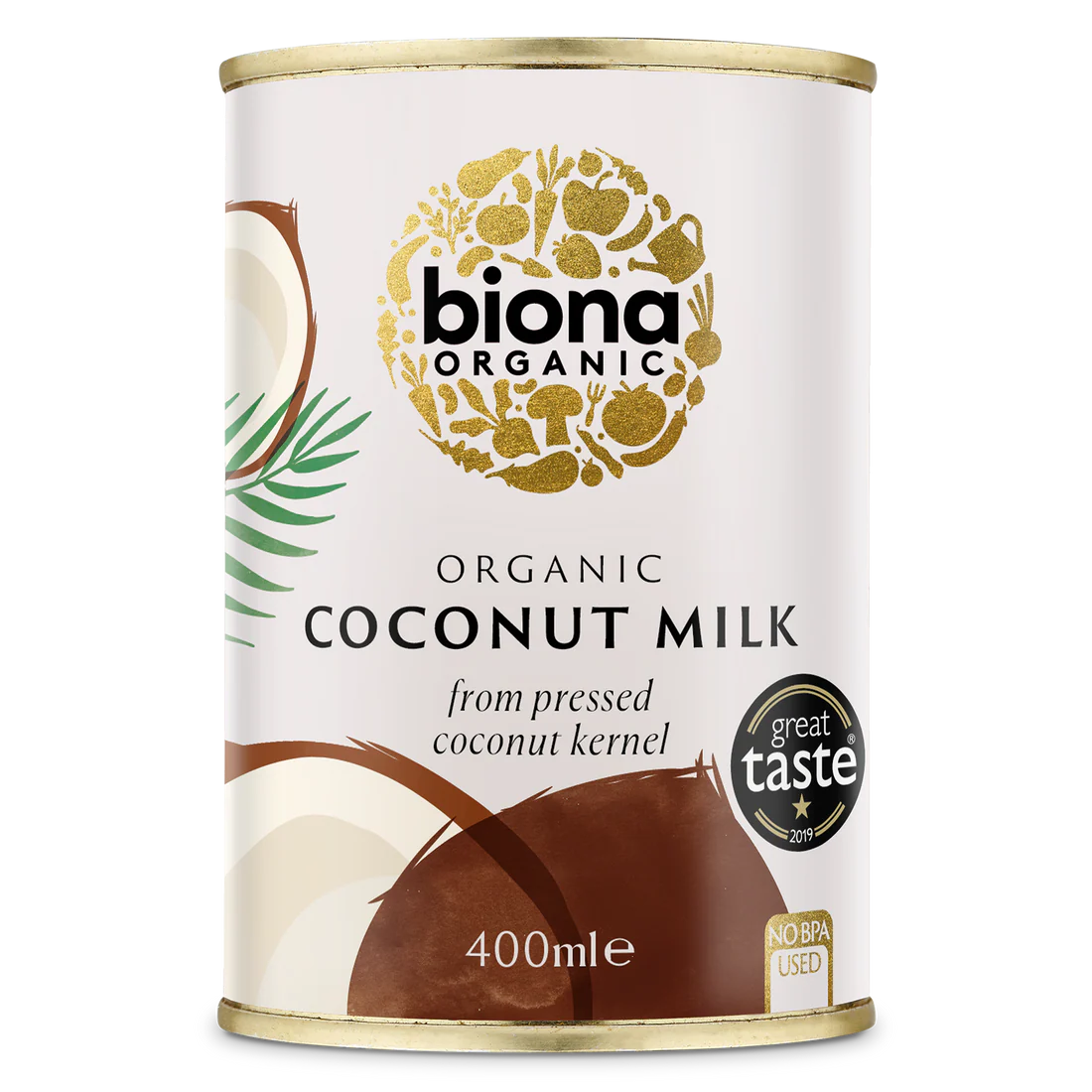 Biona Organic Coconut Milk, made from pressed coconut kernel, in a 400ml can with a Great Taste 2019 award label.
