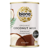Biona Organic Coconut Milk, made from pressed coconut kernel, in a 400ml can with a Great Taste 2019 award label.