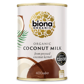 Biona Organic Coconut Milk, made from pressed coconut kernel, in a 400ml can with a Great Taste 2019 award label.
