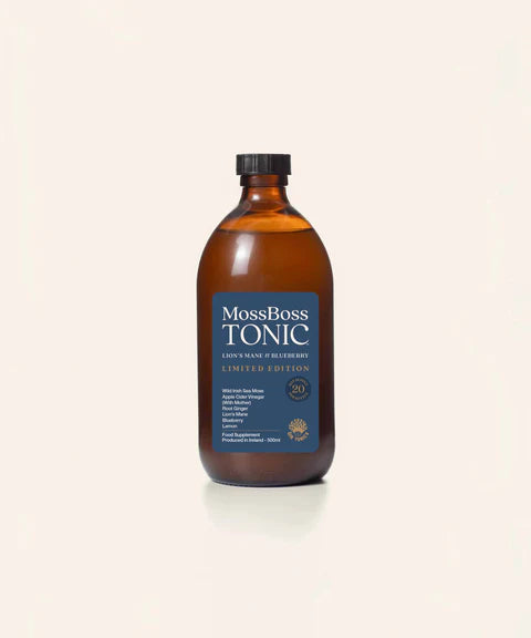 MossBoss Tonic Lion's Mane & Blueberry Limited Edition, 500ml glass bottle featuring Wild Irish Sea Moss, apple cider vinegar, ginger, and lemon.