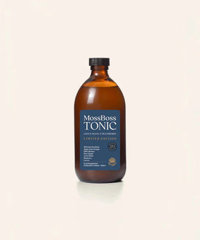 MossBoss Tonic Lion's Mane & Blueberry Limited Edition, 500ml glass bottle featuring Wild Irish Sea Moss, apple cider vinegar, ginger, and lemon.
