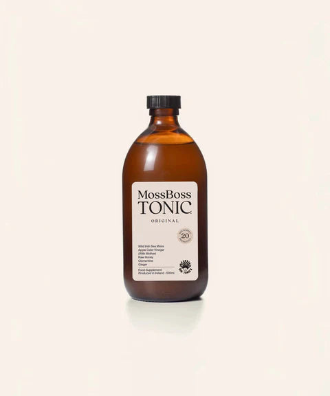 MossBoss Tonic Original, 500ml glass bottle featuring Wild Irish Sea Moss, apple cider vinegar, raw honey, clementine, and ginger.